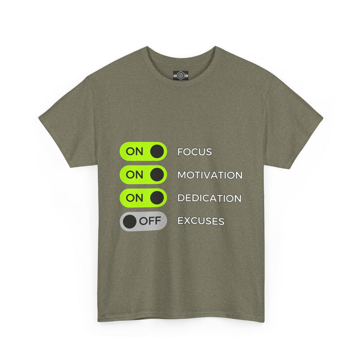 Motivational Unisex Heavy Cotton Tee - Focus, Motivation, Dedication, No Excuses